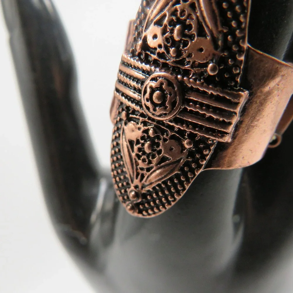 Antique Copper Tone Boho Shield Stretch Ring Size 7 Floral Beaded Statement
